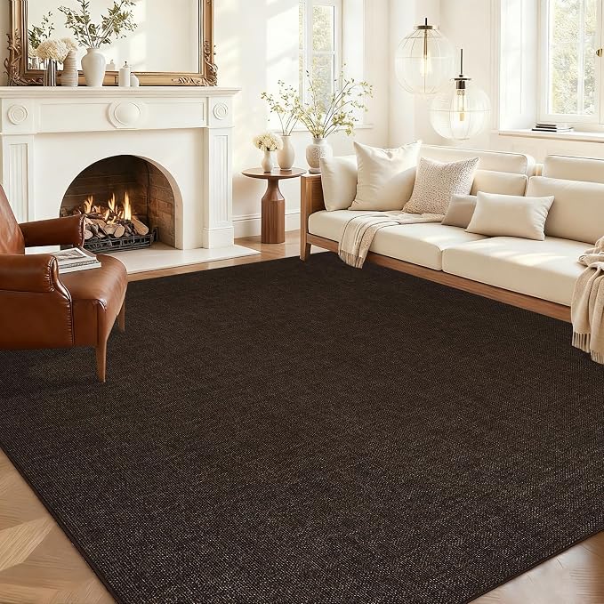 Garvee Large Washable Rug 9x12 Modern Solid Rugs for Living Room Brown | Non Slip Woven Textured Bedroom Rug Ultra-Thin Non-Shedding Farmhouse Carpet Neutral Foldable Throw Rugs for Bedroom Office