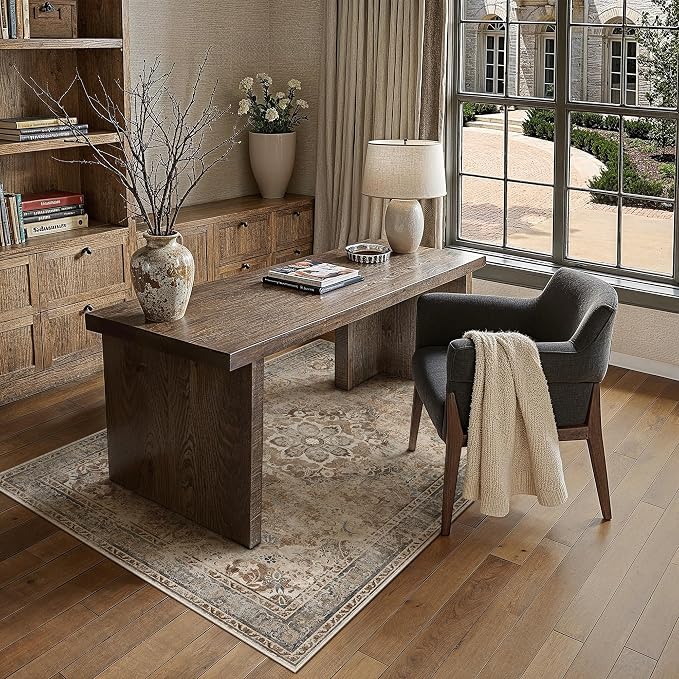 Brown Area Rug 4x6 Living Room Vintage Floral Non-Slip Carpet | Machine Washable, Soft, Low Pile, for Bedroom, Dining Room, Kids Room, Nursery, Office, Retro Farmhouse Decor