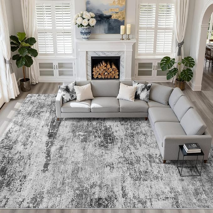 LOONGRUG 10x14 Area Rugs Washable Neutral Modern Living Room Rug Black Gray | Large Abstract Soft Stain Resistant Indoor Non-Slip Carpet for Bedroom Nursery Kids Office Playroom Dining Room