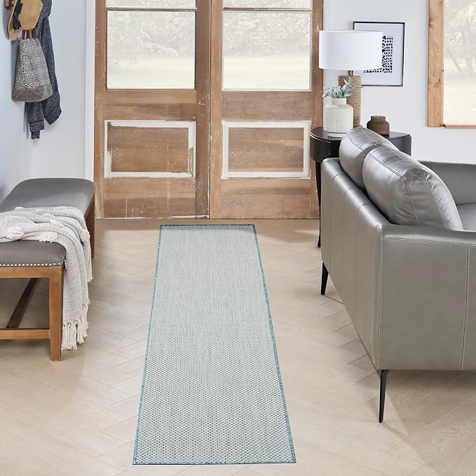 Nourison Home Courtyard Ivory Aqua 2' x 6' Area Rug - Easy Clean, Non Shedding, Bed Room, Living Room, Dining Room, Kitchen (6' Runner)