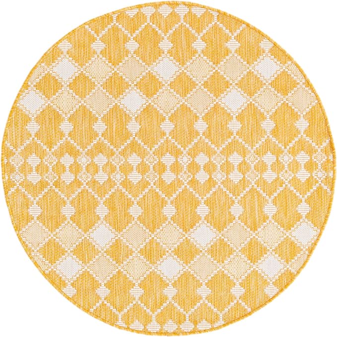 Unique Loom Outdoor Trellis Collection Area Rug - Traliccio (4' 1" Round, Yellow/ Ivory)