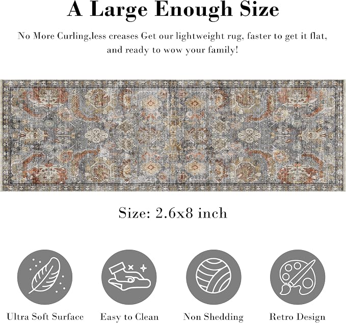 Washable Area Rugs - Perfect for Living Room, Bedroom, Kids Room, Nursery - Stain & Water Resistant Non-Slip, Pet & Child Friendly, Vintage Tribal Area Rugs (Turmeric and Grey, 2'6'' x 8')
