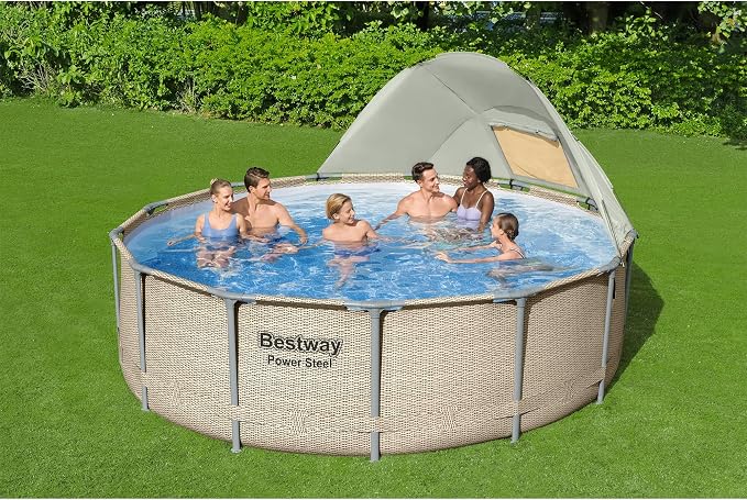 Bestway Power Steel 13' x 42" Round Above Ground Outdoor Swimming Pool Set with Shaded Canopy, 530 Gallon Filter Pump, Ladder, and Pool Cover
