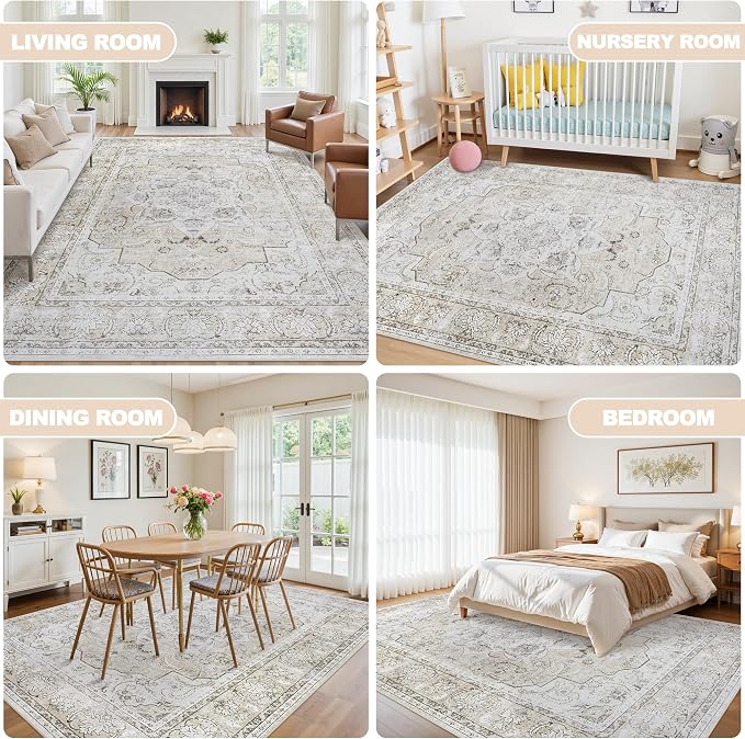 5x7 Washable Area Rugs for Bedroom Beige White Non-Slip Rug | Vintage Medallion Rug，Soft Low Pile Large Rugs，Indoor Retro Carpet for Bedroom Nursery Dining Table Farmhouse Home Office