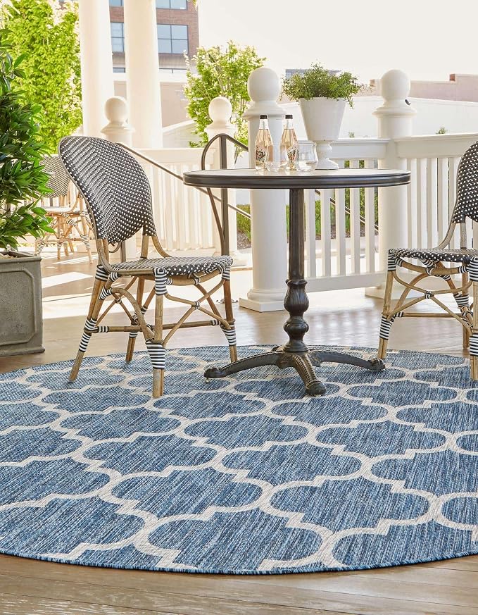 Unique Loom Outdoor Trellis Collection Area Rug (10' Round Navy Blue/Ivory)