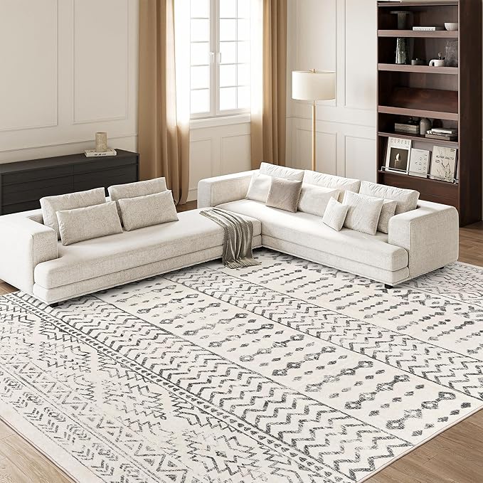 Art&Tuft 9x12 Area Rugs for Living Room, Large Washable Area Rug, Ivory | Low Pile, Soft & Lighweight, Folable, Stain Resistant Indoor Floor Mat Moroccan Carpet for Bedroom, Dining Room, Home Office