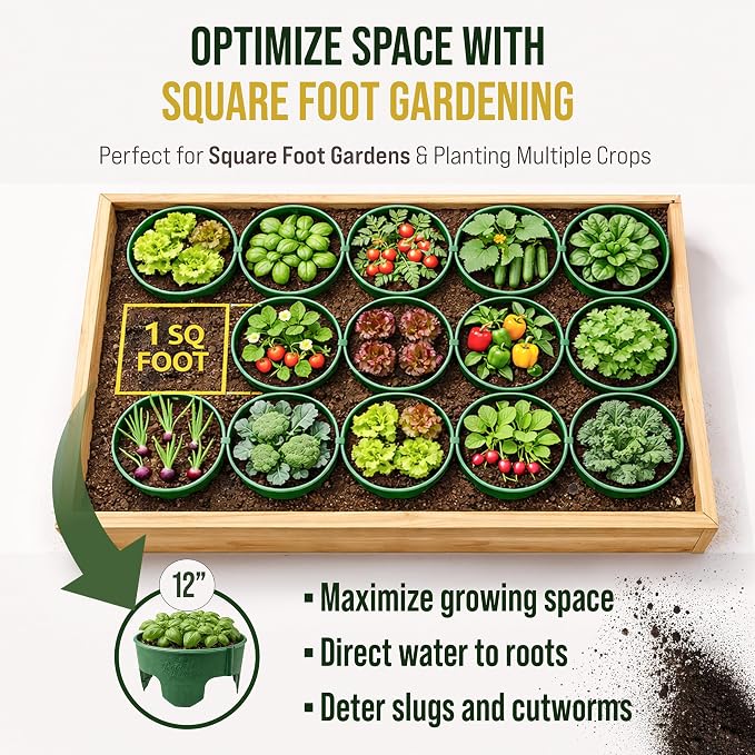 12 Inch Wrap-Around Adjustable Planting Grow Rings | 12 Pack | Green | Install Around Existing Plants | Square Foot Gardening | Trimmer Protection and Mulch Barrier | Heavy Duty | Made in USA
