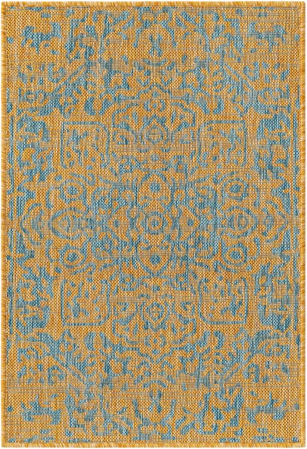 Unique Loom Jill Zarin Jill Zarin Outdoor Collection Area Rug - Dubai (2' 2" x 3' 1" Rectangle, Yellow and Aqua/Light Blue)