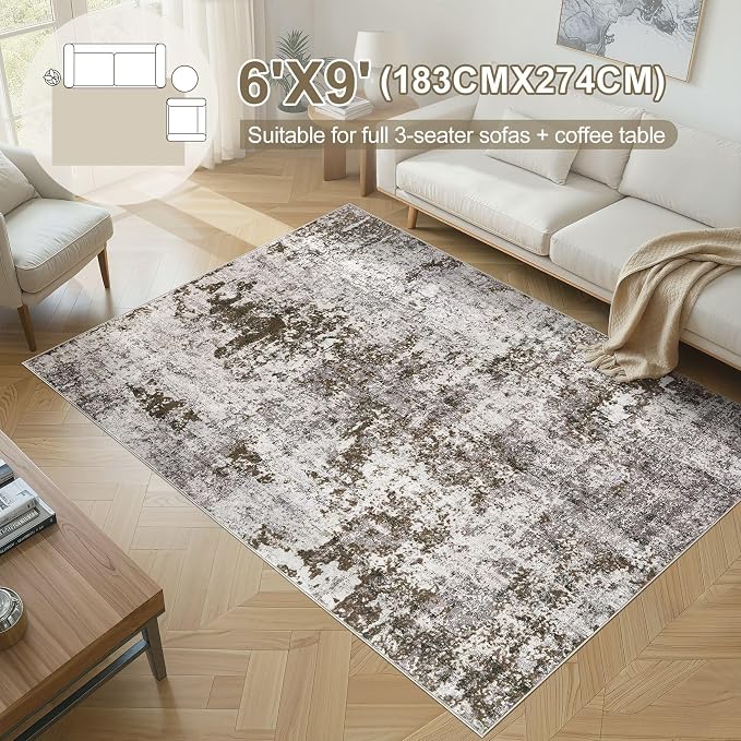 DMOYEST 6x9 Area Rug for Living Room Washable Abstract Indoor Carpet | Neutral Modern Low Pile Rugs Kid & Pet Friendly Soft Thin Carpet for Bedroom Dining Room and Office - Dark Brown