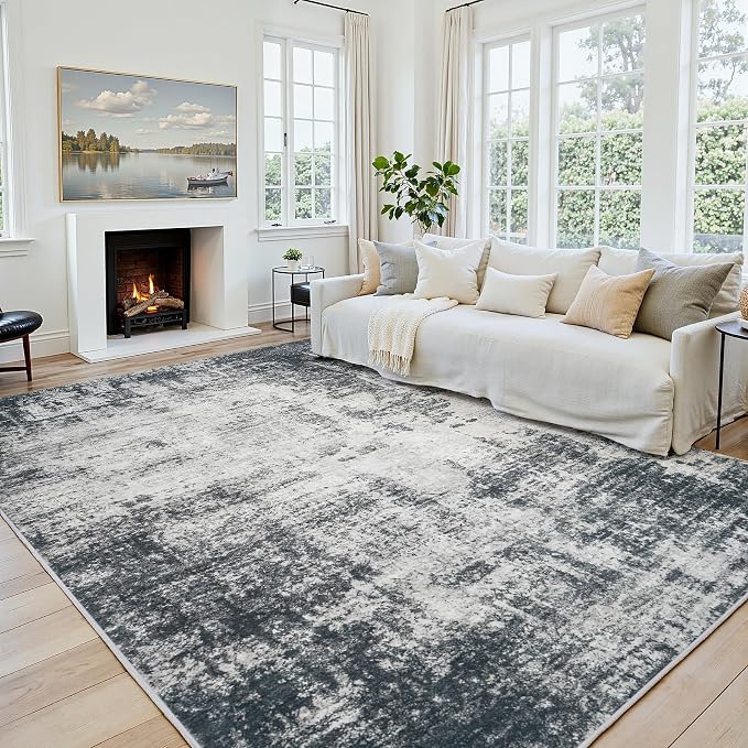 9x12 Area Rugs for Living Room: Washable Soft Deep Black Abstract Carpet | Non-Slip TPE & Stain Resistant,0.25" Low-Pile,Kids Pet Friendly Modern Decor for Dining Room Farmhouse Office, Non-Shedding