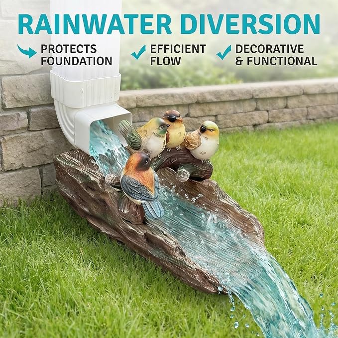 Gutter Downspout Extension Decoration Splash Block Outdoor Statues Garden Decor, 11.4" L x 6.9" W Four Birds Gutter Downspout Garden Robin Bird Sculpture Rain Concrete Pond Accessory, Gift for Mom