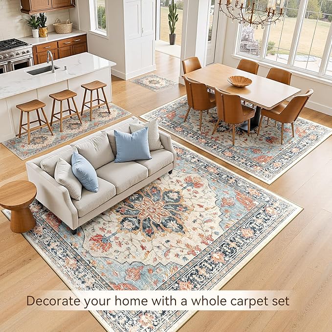 RELEANY Washable Area Rug, 6'x9', Beige/Blue/Orange | Non-Slip, Water Repellent, Pet Friendly, Easy to Clean, Vintage Floral Boho Decor for Living Room Bedroom Dining Room Office
