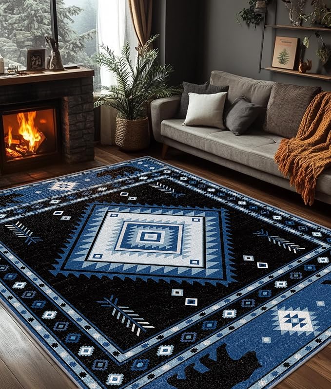 Aztec Rug 5x7 - Southwestern Bear Cabin Area Rugs for Living Room Bedroom, Rustic Boho Machine Washable | Non-Slip | Soft Large Carpets, Native American Home Decor (Blue White Black)