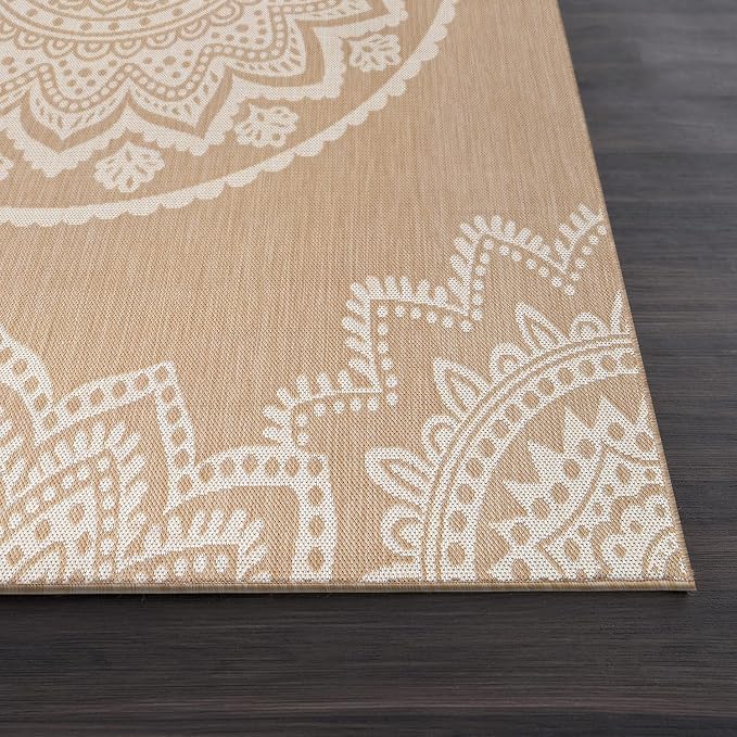 CAMILSON Outdoor Rug 5x7 Modern Area Rugs for Indoor and Outdoor Patios and Porches - Waterproof, Washable, Non-Shedding, Easy-to-Clean Outside Carpet (5 x 7, Medallion - Beige/White)