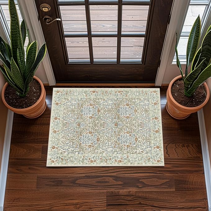 Washable 2x3 Entry Rug, Front Door Rugs Indoor, Vintage Floral Area Rugs for Kitchen, Non-Slip Bathroom Small Rugs, Perfect for Entryway Décor Door Mat (2x3 Beige Blue)