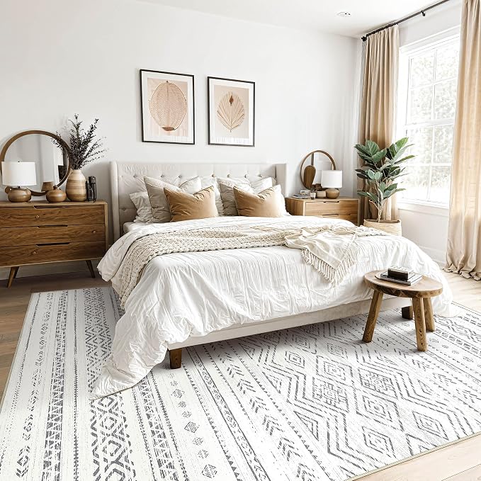 Tortania Area Rug Living Room Rugs- 8x12 Washable Large Soft Neutral Boho Moroccan Bohemian Farmhouse Rug Indoor Floor Carpet for Bedroom Under Dining Table Home Office Decor - Beige Gray
