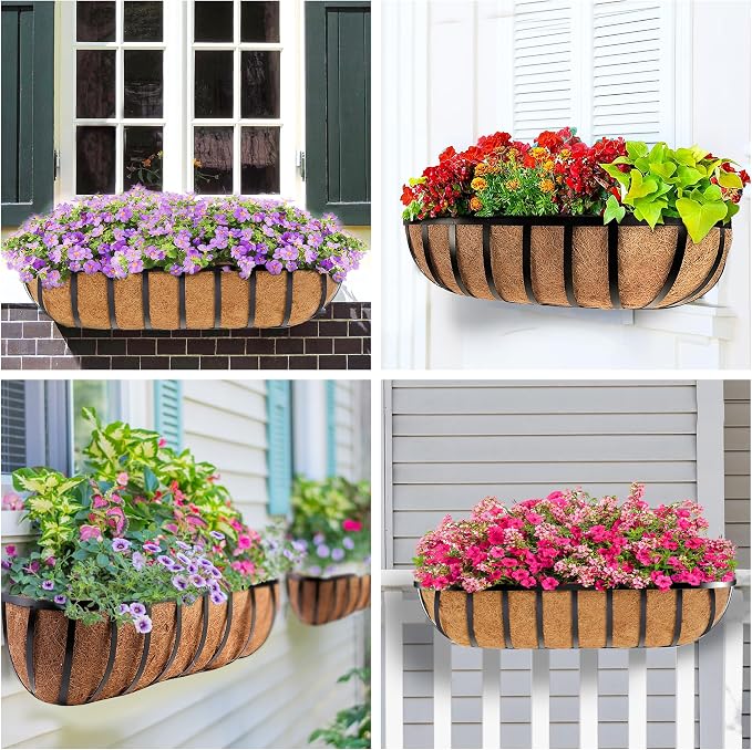 HFHOME 4 Pcs 24" Railing Planter Box, Window Box with Horse Trough Coco Liners, Black Metal Deck Hanging Flower Planters Baskets for Indoor, Outdoor, Balcony, Porch, Fence, Patio, and Lawn