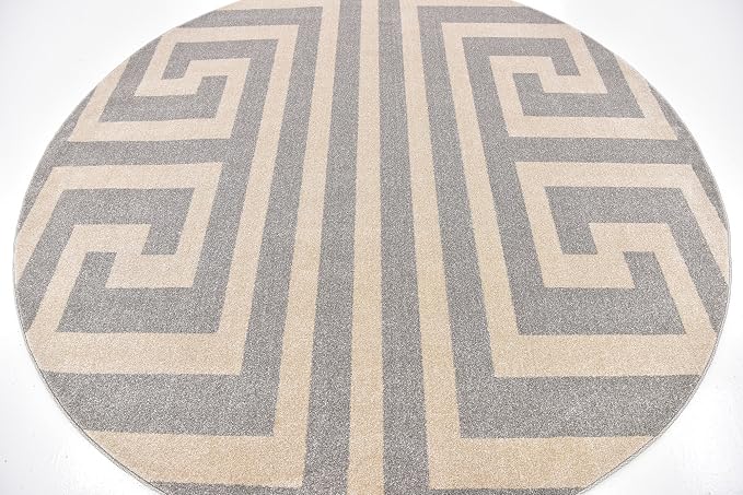 Unique Loom Athens Collection Classic Geometric Modern Border Design Area Rug (8' 0 x 8' 0 Round, Gray/ Beige)