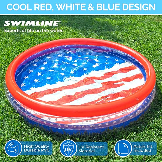 SWIMLINE | Backyard Water Toy | 60" | 3-Ring Kiddie Pool | Americana | Use it indoors or out as a wading pool, ball pit, or sand pit; 60 x 12 in; red, white, and blue print