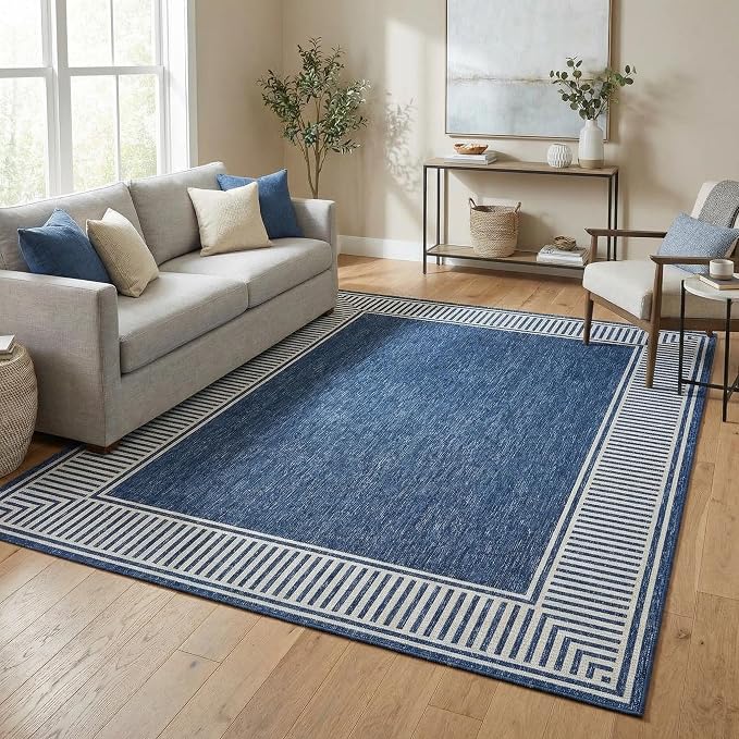 Garvee Large Washable Rug 9x12 Modern Bordered Living Room Rug Blue | Non Slip Soft Foldable Indoor Carpet Stain-Resistant Low Pile Floor Cover for Bedroom Nursery Office Dorm Kids Room Playroom