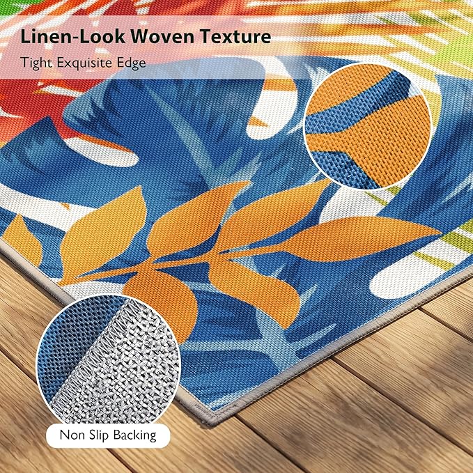 Arenarug 5x8 Monstera Tropical Outdoor Rug – Waterproof Non-Slip Machine Washable Patio Rug, UV & Stain Resistant Outdoor Carpet for Patio Deck Balcony Backyard, Colorful