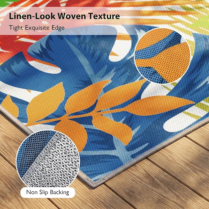 Arenarug 4x6 Monstera Tropical Outdoor Rug – Waterproof Non-Slip Machine Washable Patio Rug, UV & Stain Resistant Outdoor Carpet for Patio Deck Balcony Backyard, Colorful