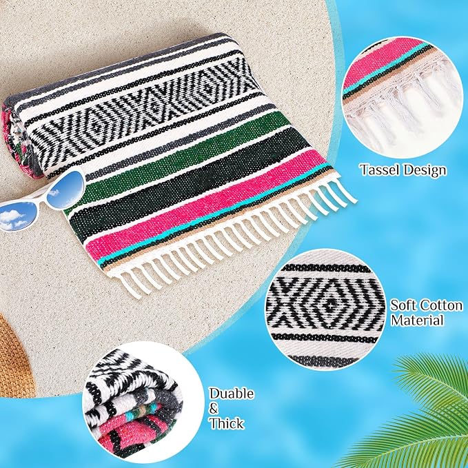 Oudain 3 Pack Mexican Blankets 45 x 70 Inch Woven Serape Throw Blanket, Baja Yoga Blanket for Beach Picnic Camping Boho Couch Decor Travel Outdoor (Exquisite Color)