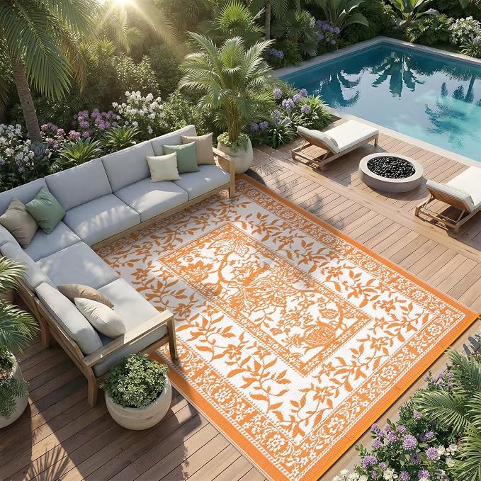 Garvee Outdoor Rug 8x10, Waterproof Reversible Foldable Plastic Straw Rug, Botanical cottagecore Outdoor Rugs Patio Camping RV Carpet for Deck Camper Porch Balcony Backyard Picnic Beach Orange