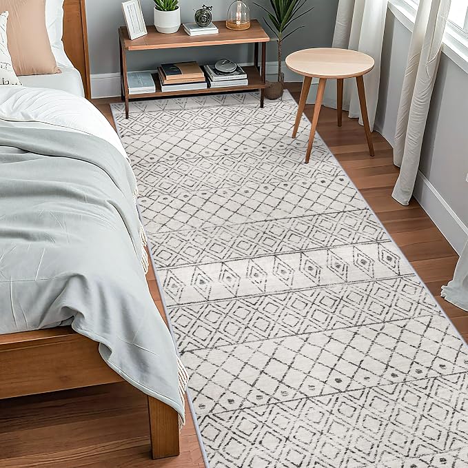 4x10 Moroccan Washable Non Slip Runner:Hallway Geometric Grey Rug | Pets Friendly Runner Rugs Low Pile Soft Indoor Floor Mat Front Door for Kitchen Bedroom Entryway Laundry