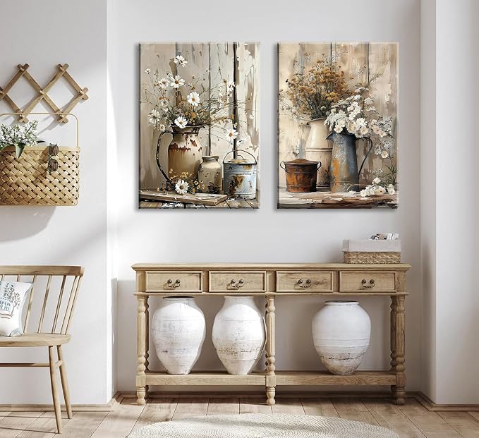 Rustic Farmhouse Daisy Canvas Wall Art Vintage Country Floral Posters Print Bathroom Flower Still Life Botanical Pictures Painting White Jasmine Flowers And Rust Color Watering Can Wall Decor Framed