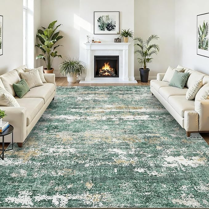 ROYHOME 9x12 Rugs for Bedroom Abstract Area Rugs Living Room, Green | Machine Washable Indoor Large Floor Carpet with Non Slip Backing Stain Resistant