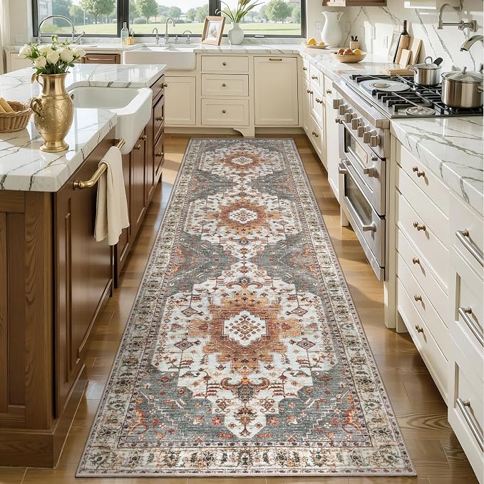 Tangsoo 3x8 Washable Runner Rugs for Hallway, Oriental Runner Rug Non Slip | Vintage Soft Low Pile Rug Runner, Boho Farmhouse Indoor 8ft Carpet Runners for Kitchen Bedroom Entryway Living Room Turmeric
