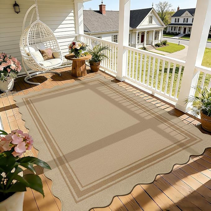 5x7 Scalloped Rug Easy Jute Washable Outdoor Patio Rug for Living Room Indoor Outdoor Tan Geometric Neutral Carpet for Backyard Patio Dining Room
