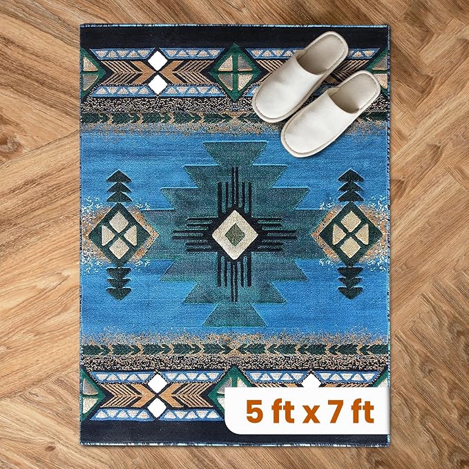YHSF South West Native American Area Rug C318 - Easy Clean, Thick, Soft, Durable Native Tribal American Indian Inspired Rug for Bedroom/Living Room and More - Blue-Green, 5 Feet x 7 Feet