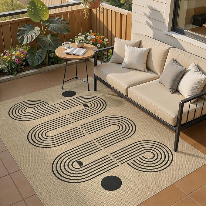 UERMEI 4x6 Outdoor Jute Area Rug Patio Neutral Washable Geometric Brown | Easy Non Slip Pet Friendly Indoor Farmhouse Carpet for Living Room Bedroom Dining Backyard