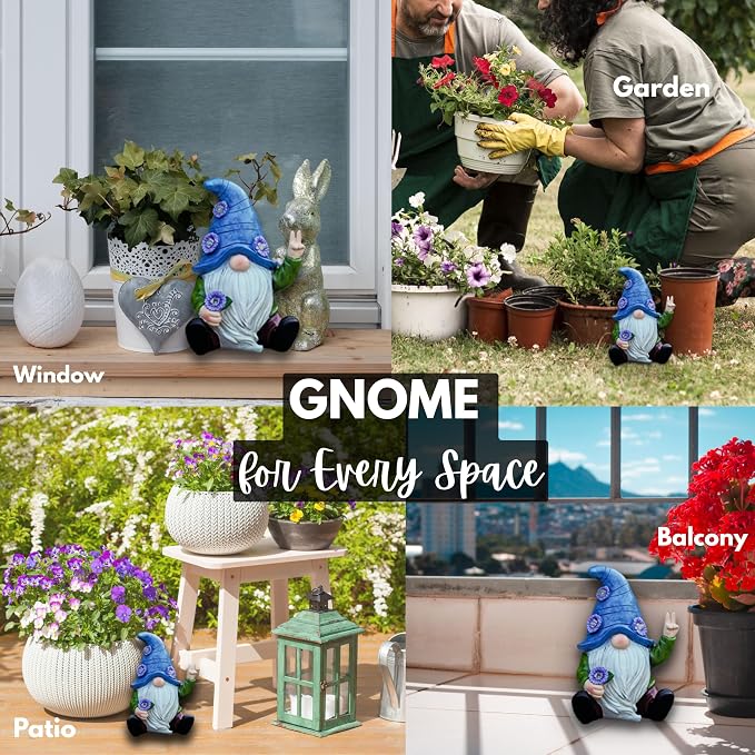 Blue Peace Yard Gnomes - Solar Statue, 11 Inch | Charges all day and lights itself after dark, no wires and no outlet to find. Hand-painted resin, built to live outside.