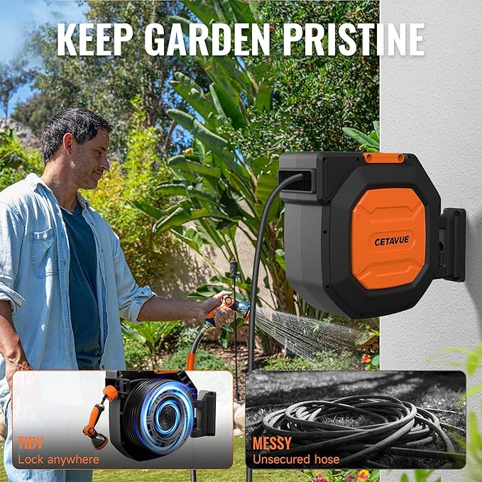 Retractable Garden Hose Reel 1/2 inch x 150 ft,Wall Mounted Heavy Duty Garden Hose Reel with 180°Swivel Bracket,Upgraded 10 Pattern Nozzle/Slow Return System(Black)
