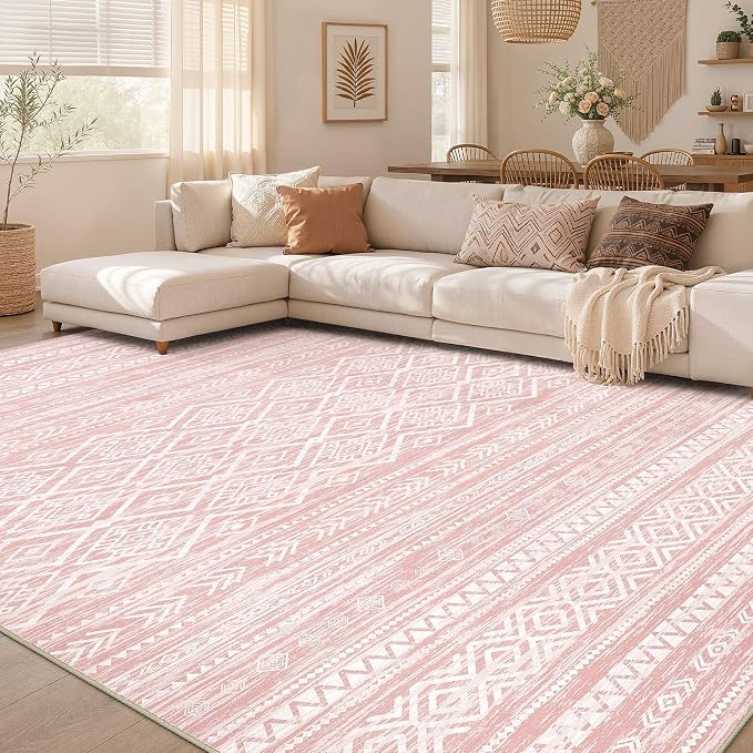 Nakagishi Area Rug Living Room Rugs: 10x14 Large Soft Machine Washable Boho Moroccan FarmNeutral Stain Resistant Indoor Floor Carpet for Bedroom Under Dining Table Home Office Decor-Pink
