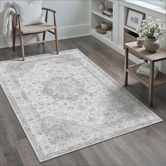 Grey 3x4 Washable Area Rug Entryway Vintage Oriental Doormat | Soft Low Pile, Non Slip, Stain Resistant, Floral Medallion, Neutral Retro Decor for Kitchen, Bathroom, Bedroom, Office