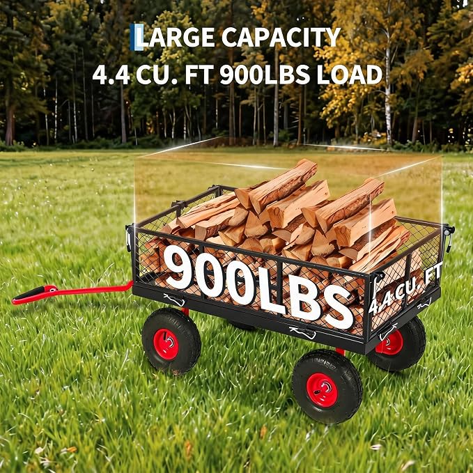 Garvee 900 LB Garden Cart, Heavy Duty Metal Utility Garden Wagon Cart. Red | 13 in All Terrain Tires, 4-in-1 Yard Wagon Cart with Removable Side Panels for Outdoor Lawn, Yard, Backyard