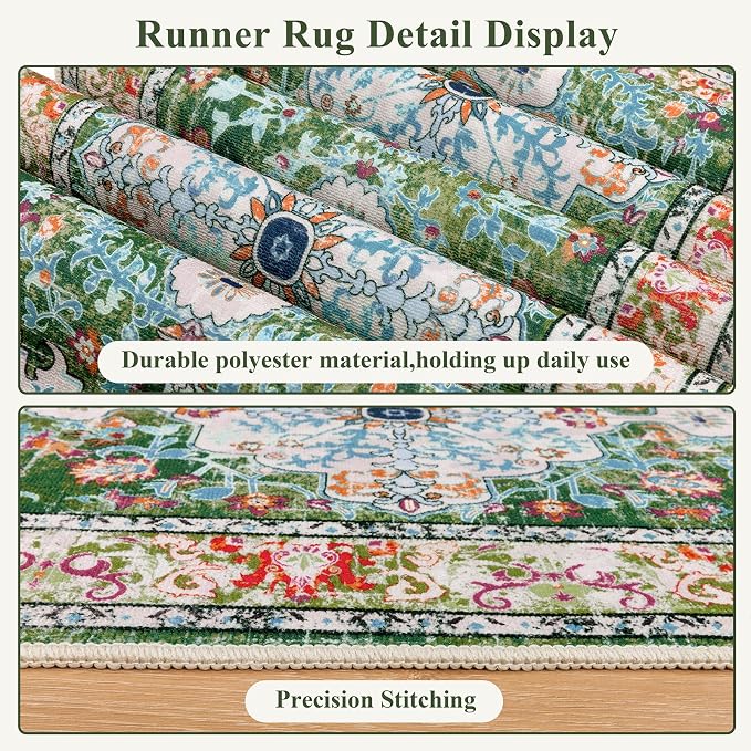 U'Artlines 2'x7' Boho Hallway Runner Rug Non Slip Washable Runners,Green | Vintage Farmhouse Kitchen Rug Accent Area Carpet for Entryway Laundry and Living Room