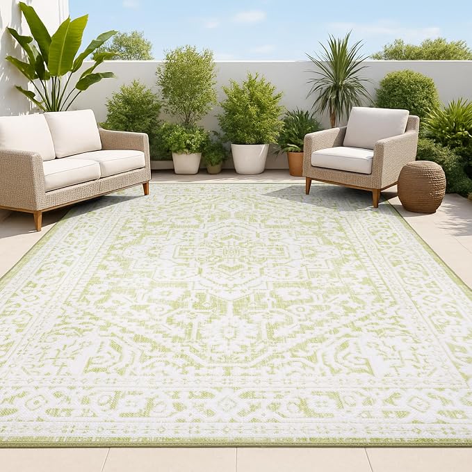 JONATHAN Y Medallion Weave Indoor Outdoor Area Rug 8X10 Green/Cream, Sinjuri Textured for Backyard, Patio, Porch, Easy-Cleaning, High Traffic, Pet-Friendly, Non-Shedding (SMB101E-8)