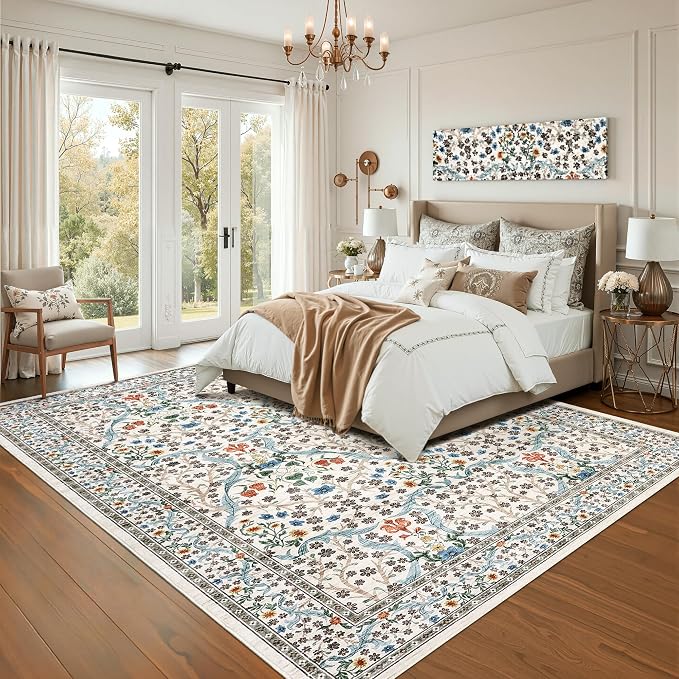 GarveeHome Washable Rug for Living Room, 9x12 Large Area Rug for Dining Room Under Table, Bedroom, Floral Soft Low Pile Non Slip Stain Resistant Carpet for Nursery, Playroom, Office, Beige