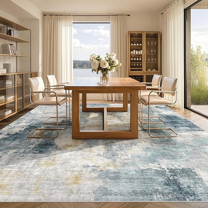 Tortania Washable 10x14 Area Rug for Living Room: Modern Abstract Neutral Large Soft Thin Rugs - Non Slip Indoor Carpet for Bedroom Dining Room Office Nursery Home Floor Decoration - Blue