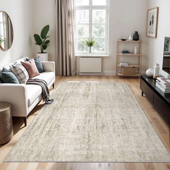 Valenrug 4x6 Area Rug for Entryway, Non Slip Washable Bedroom Rug, Beige | Soft & Lighweight, Folable, Stain Resistant Low Pile Thin Indoor Distressed Carpet Rugs for Living Room,Laundry Room,Kitchen