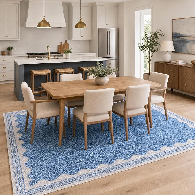 GarveeHome Scalloped Washable Rugs 9x12 Rug for Living Room Non-Slip Solid Blue Modern Minimalism Low-Pile Carpet 9 x 12 Rug for Bedroom Dining Nursery Mat with Rubber Back