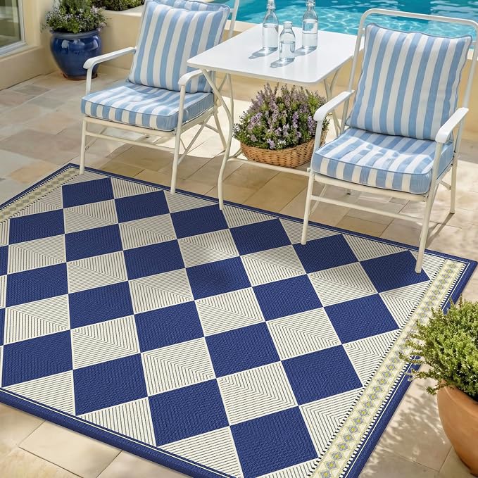 Checkered Easy Jute 3x5 Navy Blue Indoor Outdoor Rugs for Entryway, Washable Non Slip Diamond Boho Coastal Rug for Porch, Modern Minimalist Front Door Mat, Kitchen, Bathroom and Balcony Carpet