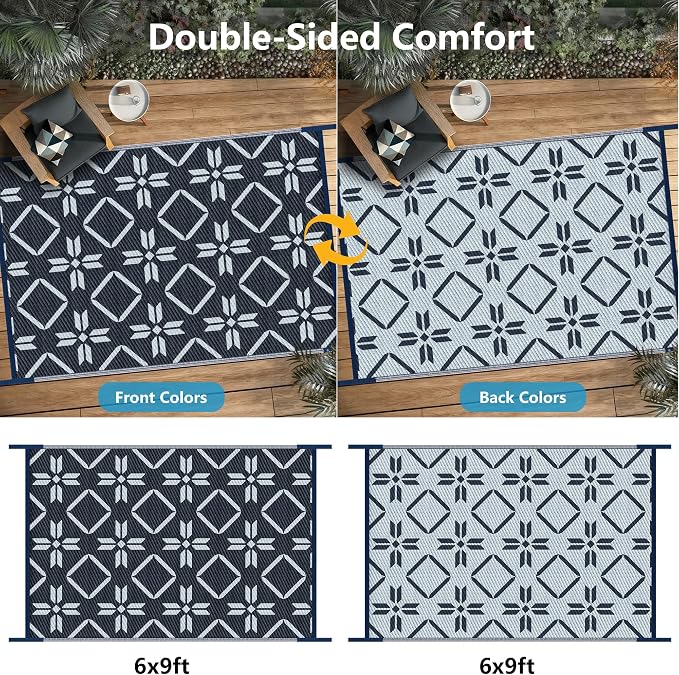 Kohree Outdoor Rug 6x9, RV Outdoor Rugs Reversible Waterproof Outdoor Camping Rug Patio Rugs Clearance with 4 Corner Loops for Patio, RV, Deck, Backyard, Picnic, Easy to Clean & Carry