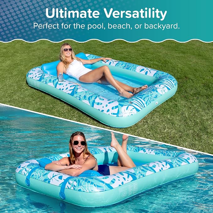 Aqua Inflatable Tanning Pool Lounger, Premium Pool Float with Cupholders and Removeable Pillow for Relaxation and Fun