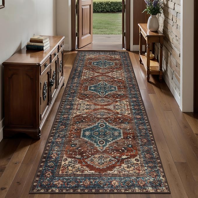 Tangsoo 2.6x8 Washable Runner Rug for Hallways, Non Slip Vintage Runner Rug | Oriental Soft Low Pile Long Rug Runner, Boho Print Carpet Runners for Kitchen Bedroom Entryway Bathroom Living Room Rust/Blue
